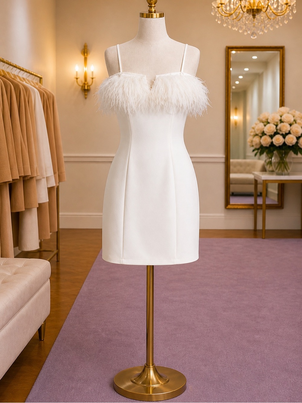 Aidan Mattox Ivory Feather Trim Mini Dress Bridal Shower Party 6 NWT MSRP $275